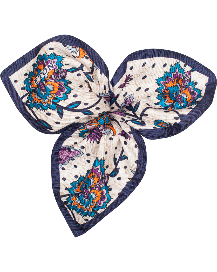 Heren | Eton Big Flower Silk Pocket Square White/Blue | Eton | Big Flower Silk Pocket Square White/Blue