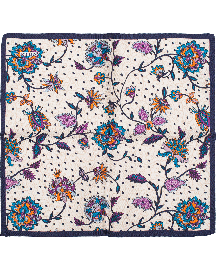 Heren | Eton Big Flower Silk Pocket Square White/Blue | Eton | Big Flower Silk Pocket Square White/Blue
