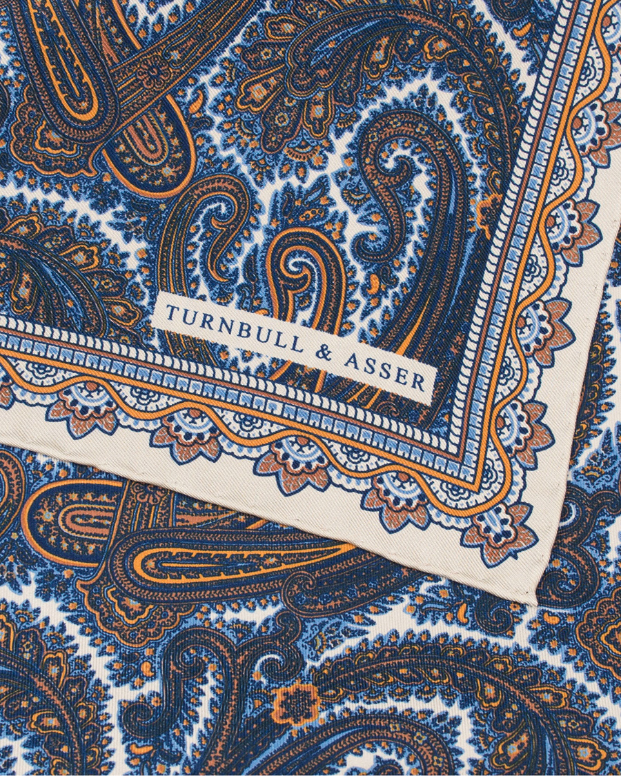 Homme | Turnbull & Asser Paisley Pocket Square Gold/Blue | Turnbull & Asser | Paisley Pocket Square Gold/Blue
