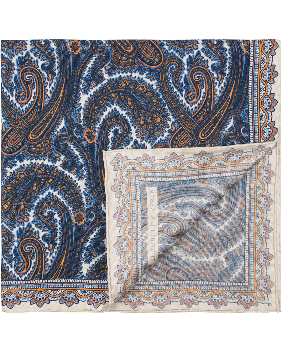Homme | Turnbull & Asser Paisley Pocket Square Gold/Blue | Turnbull & Asser | Paisley Pocket Square Gold/Blue