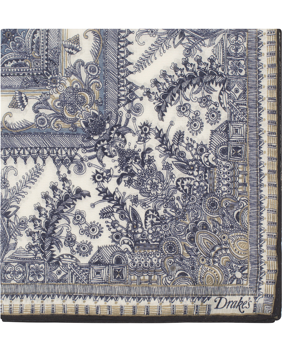 Homme | Drake's Cotton/Silk Oriental Gardens Printed Pocket Square Navy | Drake's | Cotton/Silk Oriental Gardens Printed Pocket Square Navy