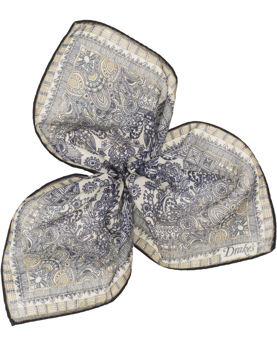 Homme | Drake's Cotton/Silk Oriental Gardens Printed Pocket Square Navy | Drake's | Cotton/Silk Oriental Gardens Printed Pocket Square Navy