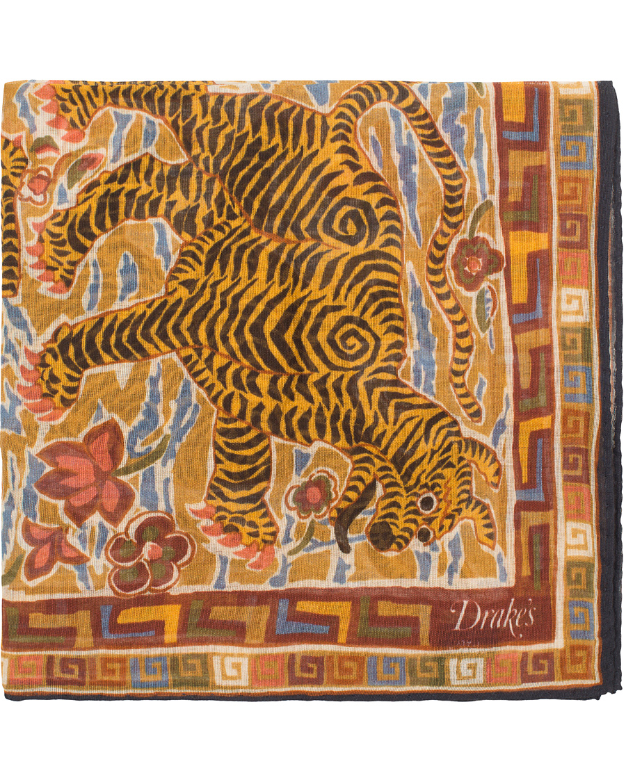 Homme | Drake's Cotton/Modal Tiger Printed Pocket Square Navy/Yellow | Drake's | Cotton/Modal Tiger Printed Pocket Square Navy/Yellow