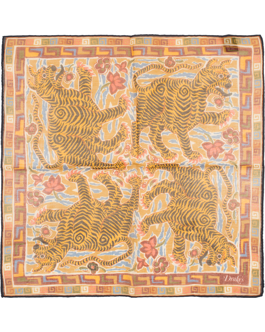 Homme | Drake's Cotton/Modal Tiger Printed Pocket Square Navy/Yellow | Drake's | Cotton/Modal Tiger Printed Pocket Square Navy/Yellow