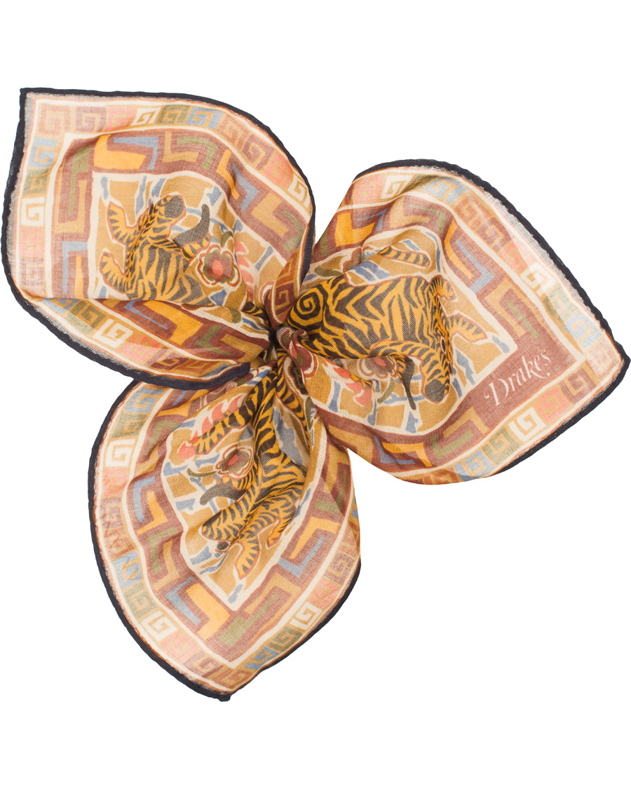 Homme | Drake's Cotton/Modal Tiger Printed Pocket Square Navy/Yellow | Drake's | Cotton/Modal Tiger Printed Pocket Square Navy/Yellow