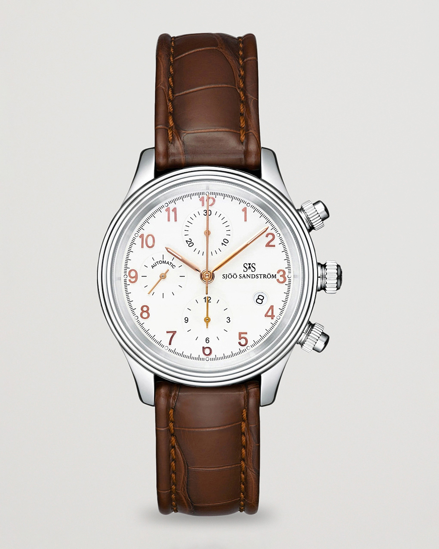 Homme | Sjöö Sandström Royal Steel Chronograph 42mm Ivory/Brown Alligator | Sjöö Sandström | Royal Steel Chronograph 42mm Ivory/Brown Alligator