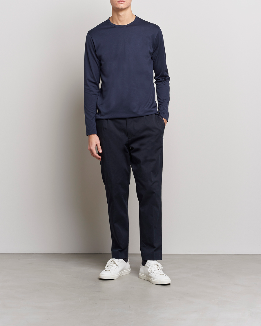 Homme | T-shirts | Sunspel | Long Sleeve Crew Neck Cotton Tee Navy