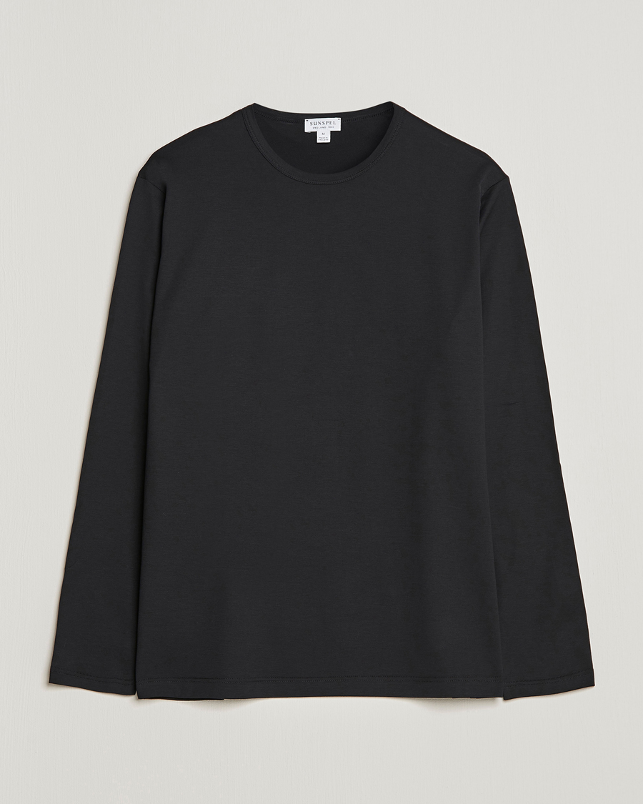Heren | T-shirts | Sunspel | Long Sleeve Crew Neck Cotton Tee Black