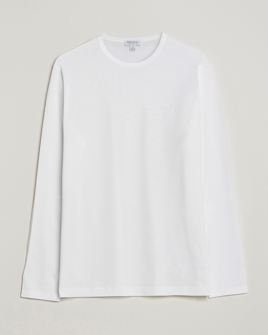 Homme | T-shirts | Sunspel | Long Sleeve Crew Neck Cotton Tee White
