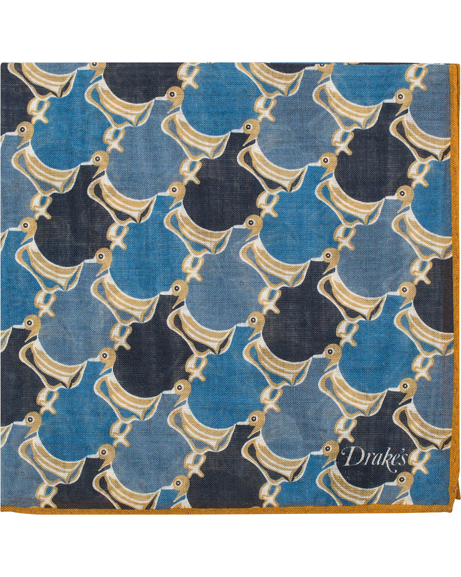 Homme | Drake's Wool/Silk Duck Print Pocket Square Light Blue | Drake's | Wool/Silk Duck Print Pocket Square Light Blue