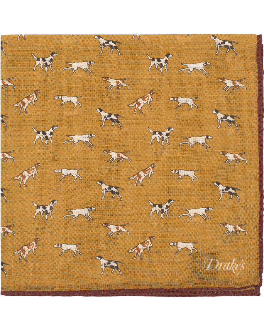 Homme | Drake's Wool/Silk Dogs Print Pocket Square Mustard | Drake's | Wool/Silk Dogs Print Pocket Square Mustard