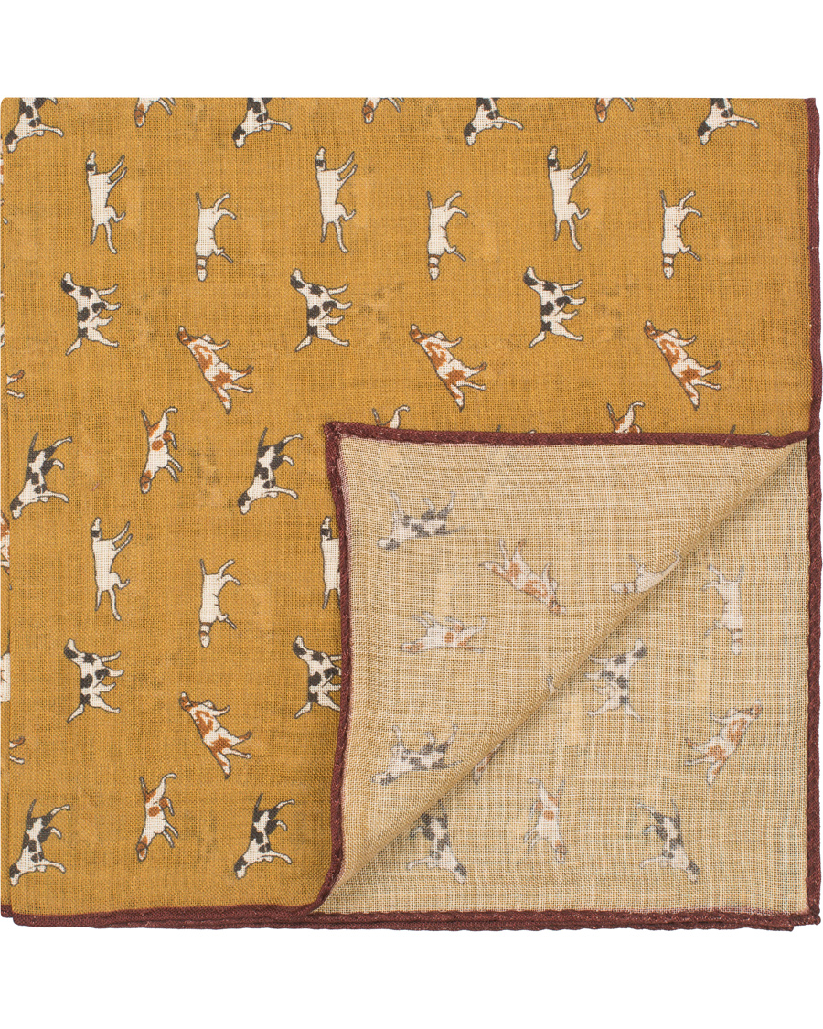 Homme | Drake's Wool/Silk Dogs Print Pocket Square Mustard | Drake's | Wool/Silk Dogs Print Pocket Square Mustard