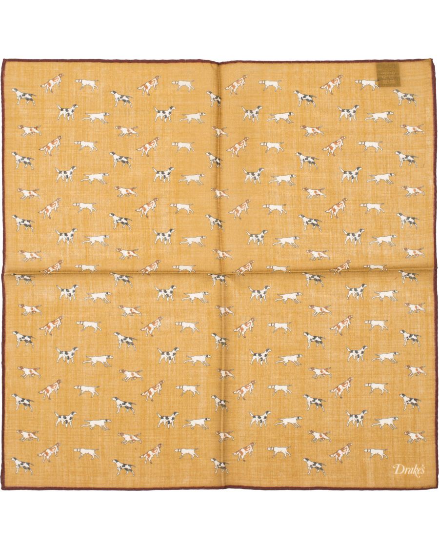 Homme | Drake's Wool/Silk Dogs Print Pocket Square Mustard | Drake's | Wool/Silk Dogs Print Pocket Square Mustard