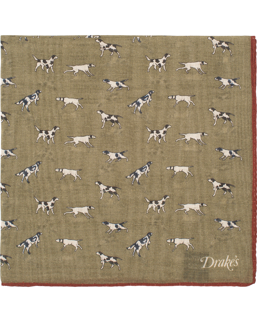 Homme | Drake's Wool/Silk Dogs Print Pocket Square Olive | Drake's | Wool/Silk Dogs Print Pocket Square Olive