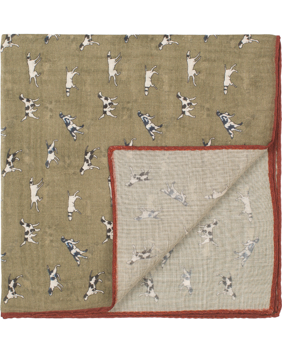 Homme | Drake's Wool/Silk Dogs Print Pocket Square Olive | Drake's | Wool/Silk Dogs Print Pocket Square Olive