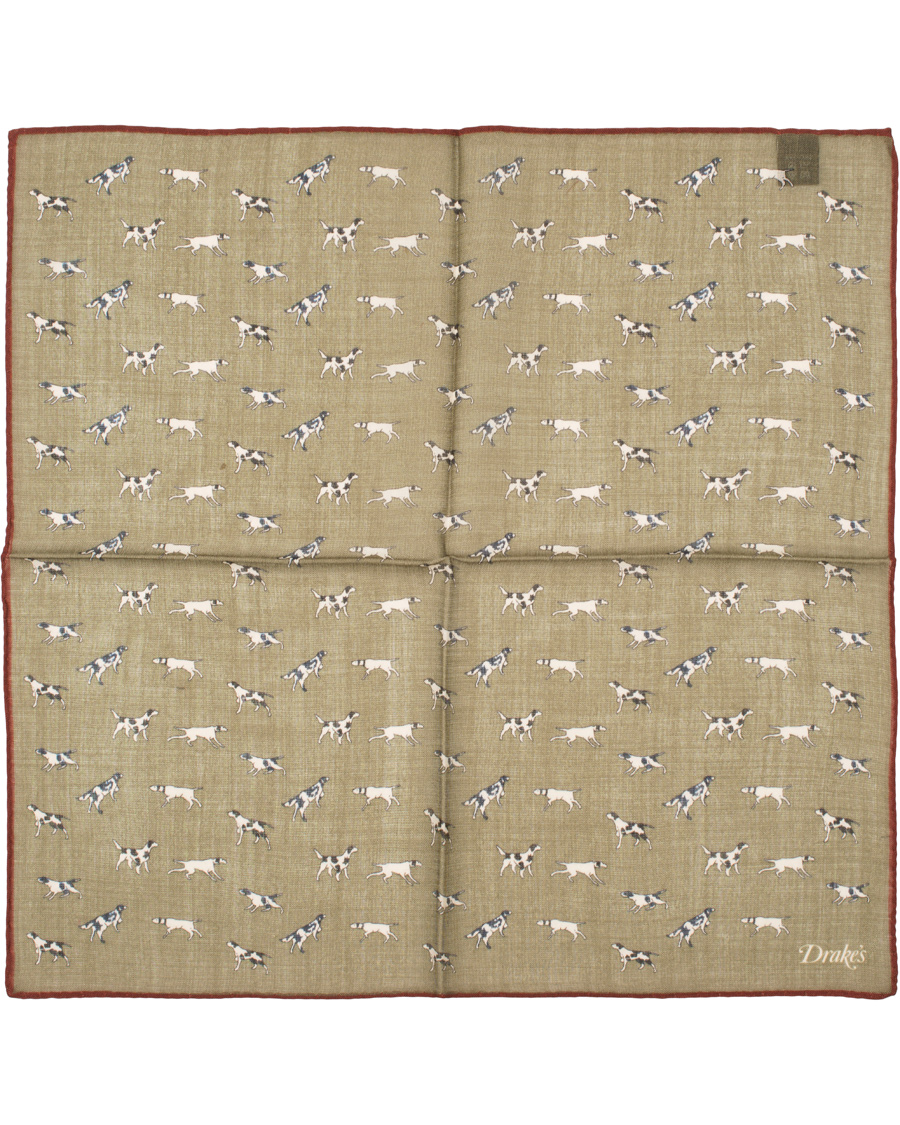 Homme | Drake's Wool/Silk Dogs Print Pocket Square Olive | Drake's | Wool/Silk Dogs Print Pocket Square Olive