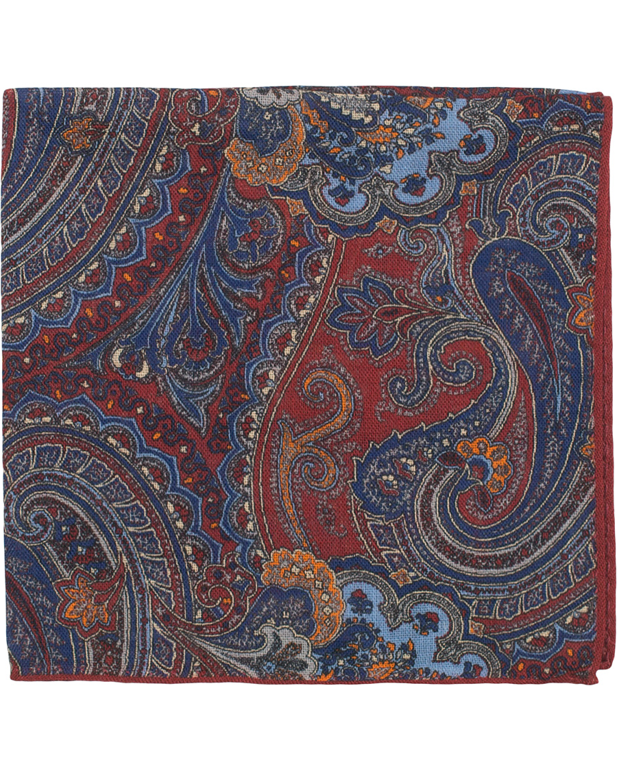 Homme | Amanda Christensen Wool Printed Paisley Pocket Square Wine Red | Amanda Christensen | Wool Printed Paisley Pocket Square Wine Red