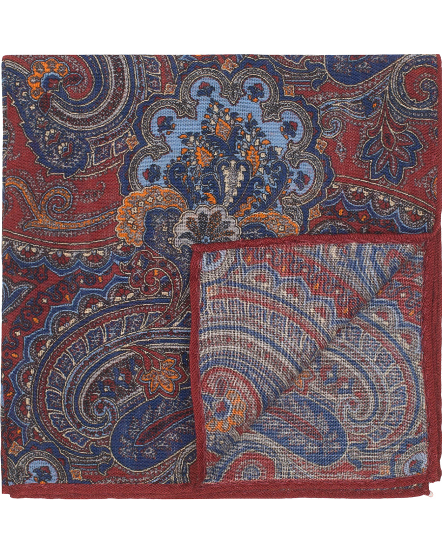 Homme | Amanda Christensen Wool Printed Paisley Pocket Square Wine Red | Amanda Christensen | Wool Printed Paisley Pocket Square Wine Red
