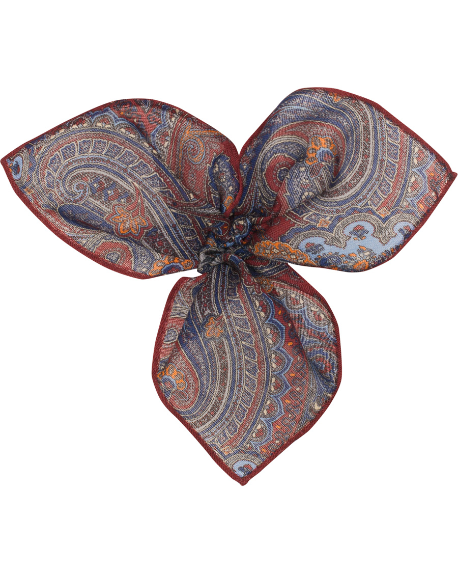 Homme | Amanda Christensen Wool Printed Paisley Pocket Square Wine Red | Amanda Christensen | Wool Printed Paisley Pocket Square Wine Red
