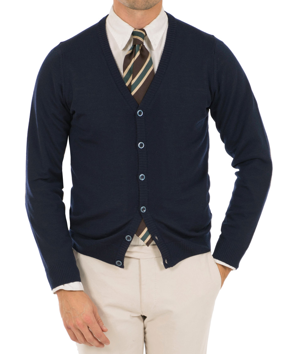 Homme | Pulls Et Tricots | Stenströms | Merino Wool Patch Elbow Cardigan Navy