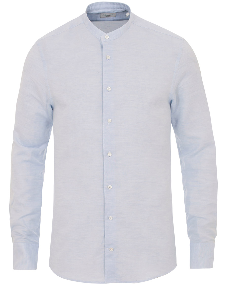 Homme | Chemises | Stenströms | Slimline Cotton/Linen Grandad Collar Shirt Light Blue