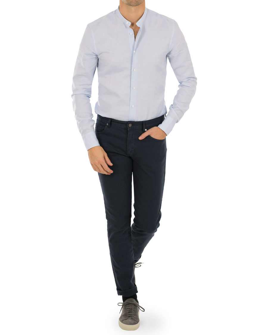 Homme | Chemises | Stenströms | Slimline Cotton/Linen Grandad Collar Shirt Light Blue