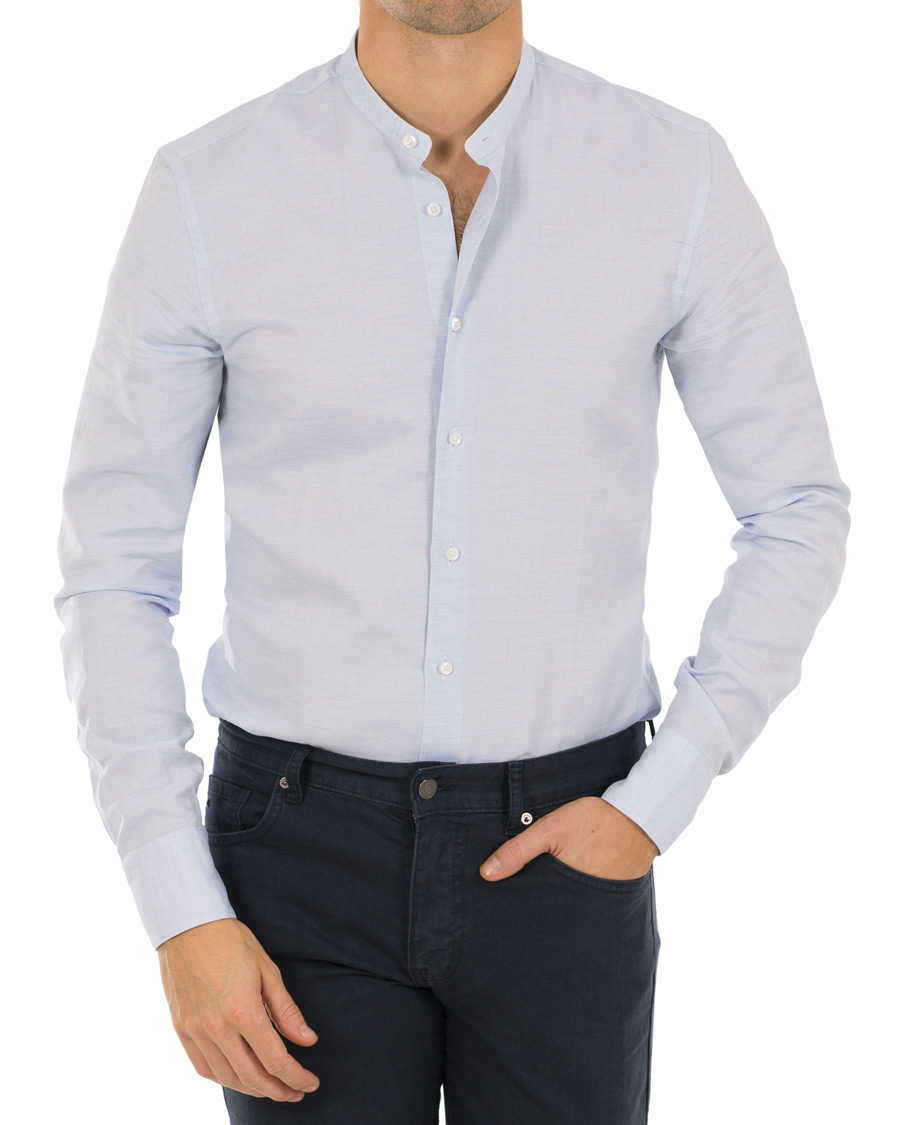 Homme | Chemises | Stenströms | Slimline Cotton/Linen Grandad Collar Shirt Light Blue