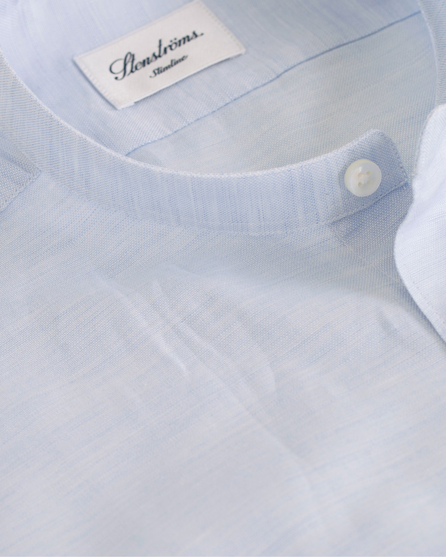 Homme | Chemises | Stenströms | Slimline Cotton/Linen Grandad Collar Shirt Light Blue