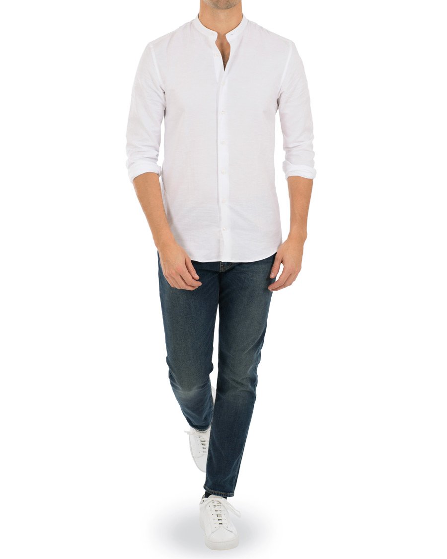 Homme | Chemises | Stenströms | Slimline Cotton/Linen Grandad Collar Shirt White
