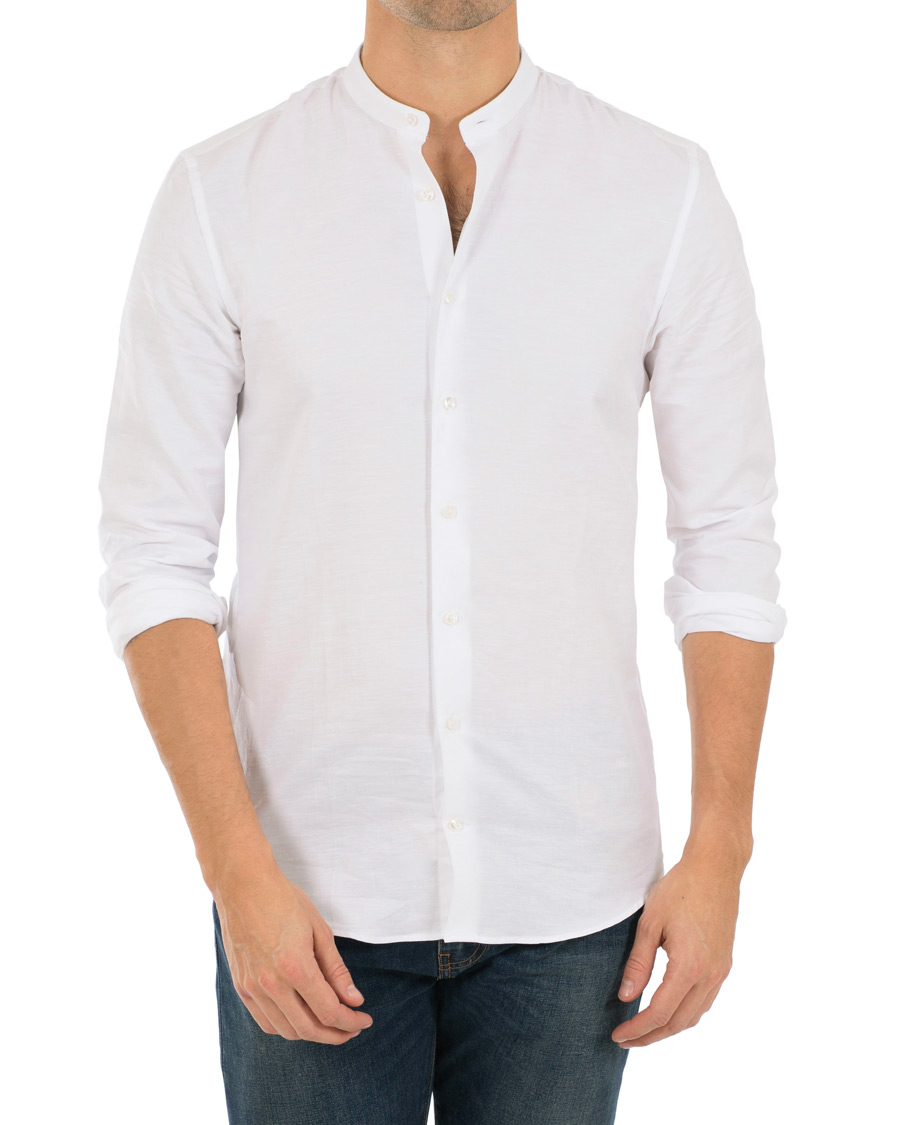 Homme | Chemises | Stenströms | Slimline Cotton/Linen Grandad Collar Shirt White