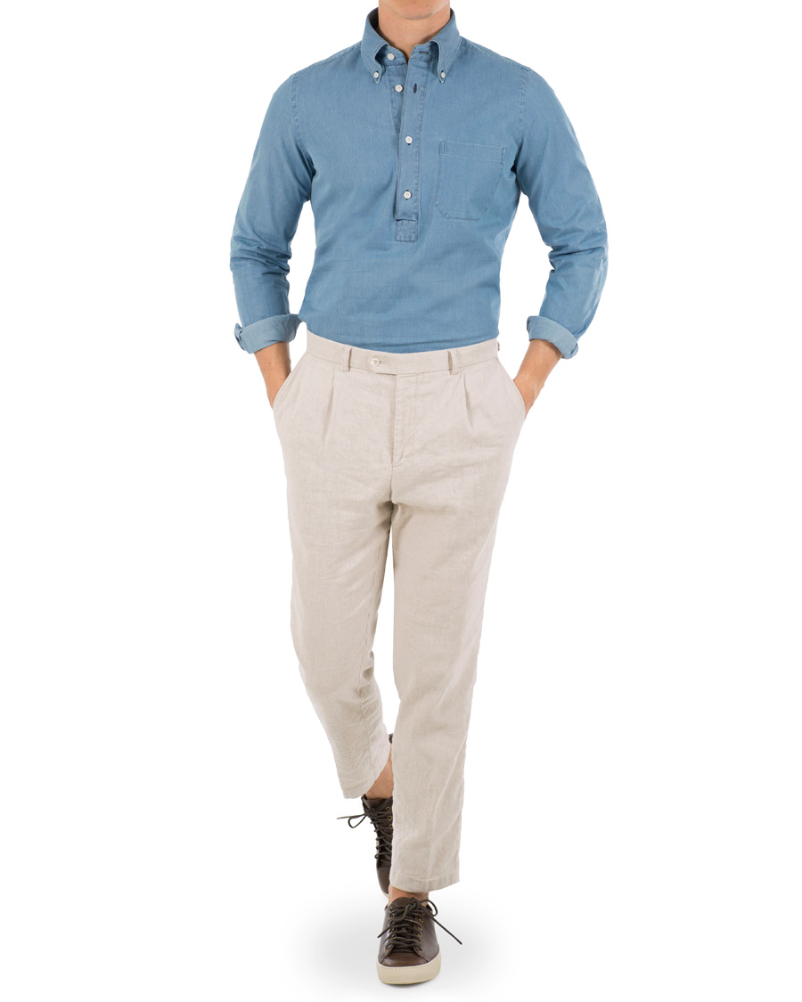 Homme | Chemises | Finamore Napoli | Miami Popover Chambray Pocket Shirt Bleached Blue