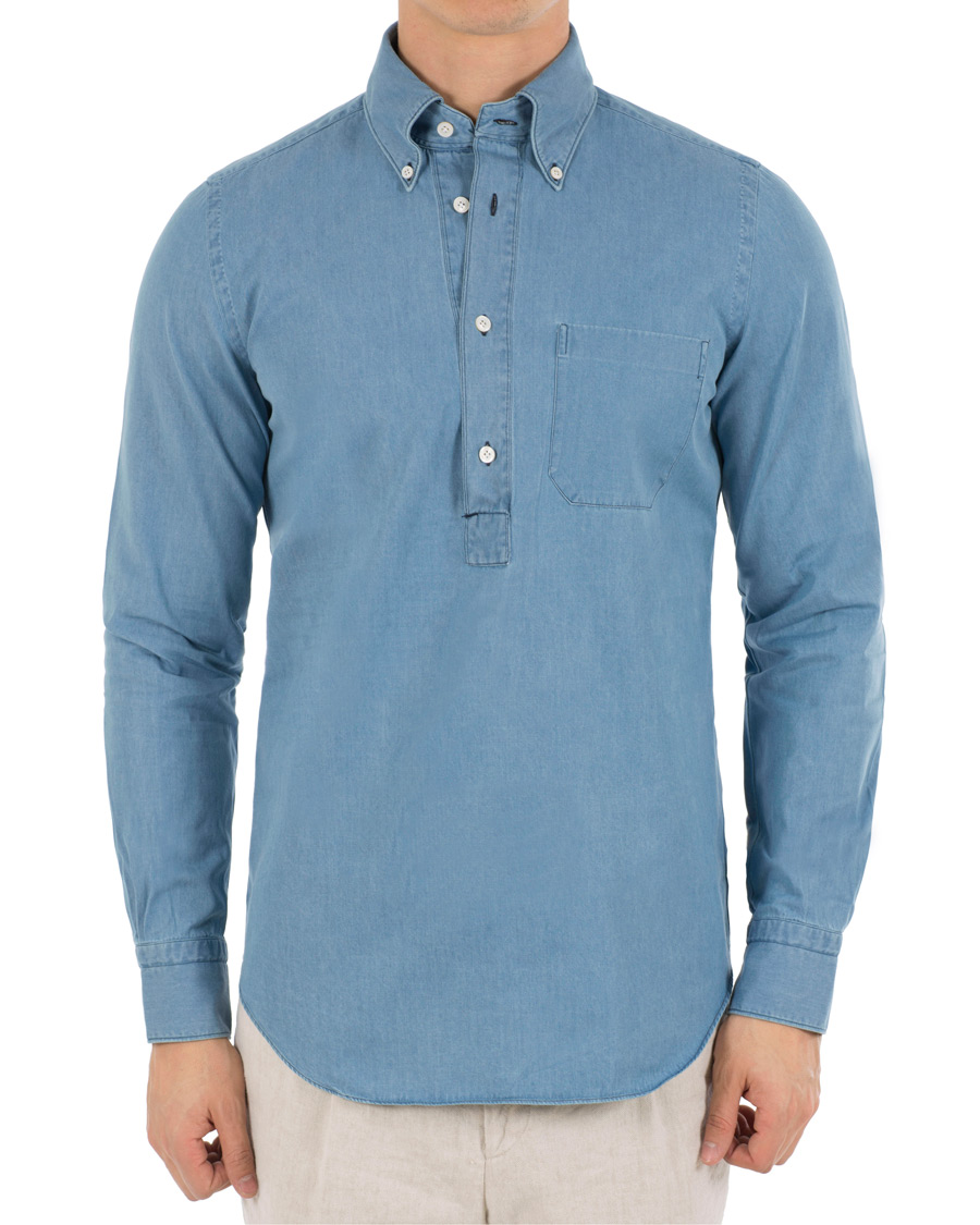 Homme | Chemises | Finamore Napoli | Miami Popover Chambray Pocket Shirt Bleached Blue
