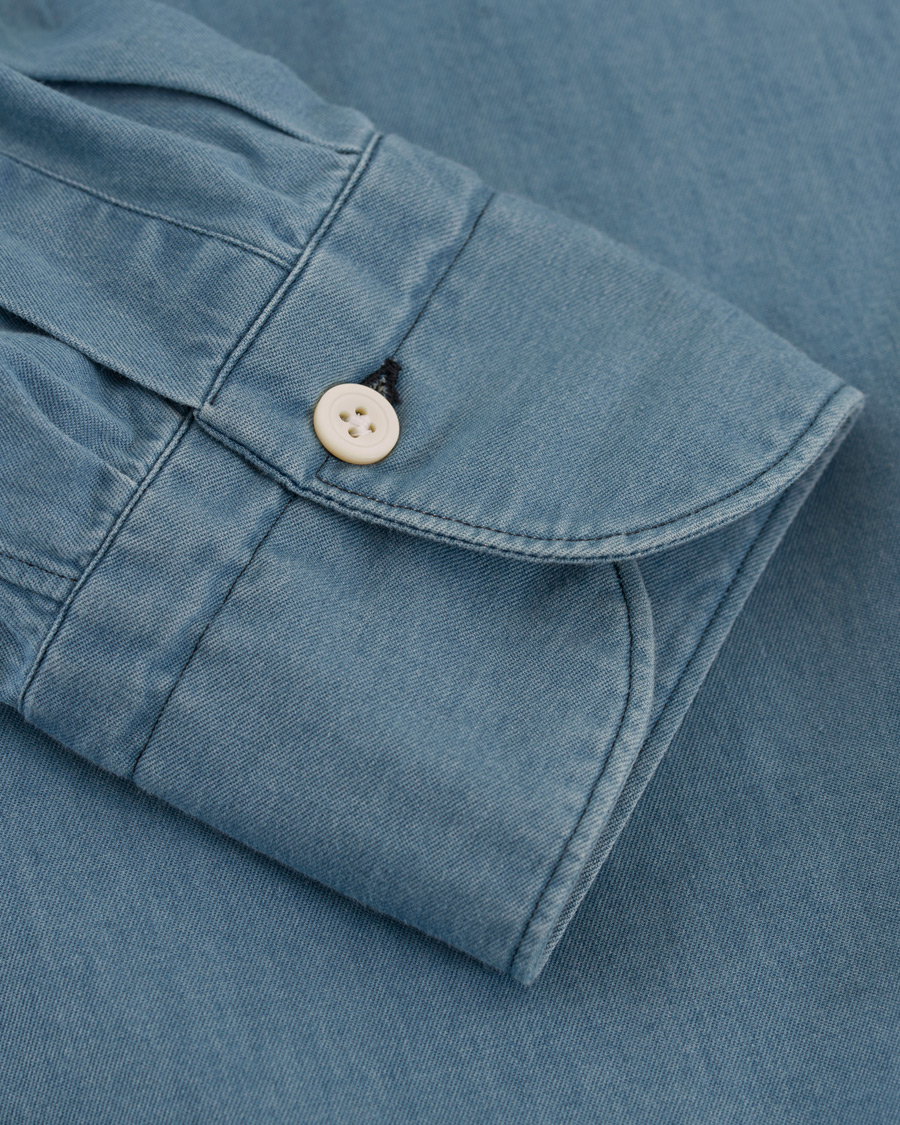 Homme | Chemises | Finamore Napoli | Miami Popover Chambray Pocket Shirt Bleached Blue