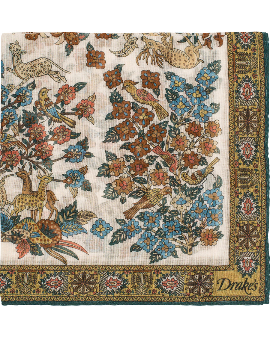 Homme | Drake's Cotton/Modal Printed Animals Pocket Square White | Drake's | Cotton/Modal Printed Animals Pocket Square White