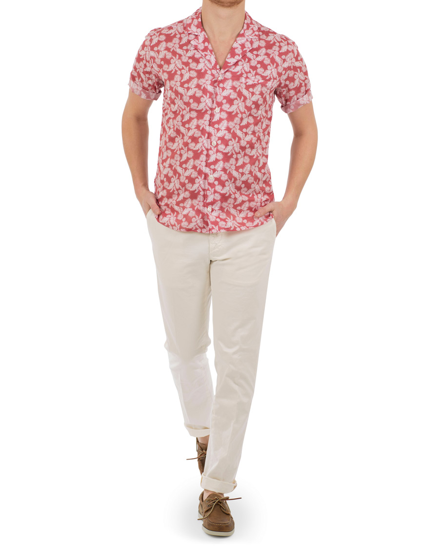 Heren | Overhemden | Eton | Slim Fit Muslin Resort Printed Leaf Shirt Pink/Red