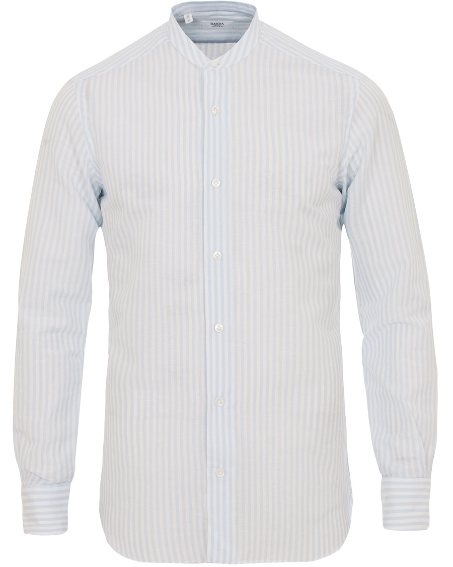 Homme | Chemises | Barba Napoli | Culto Linen Mandarine Collar Stripe Shirt Blue