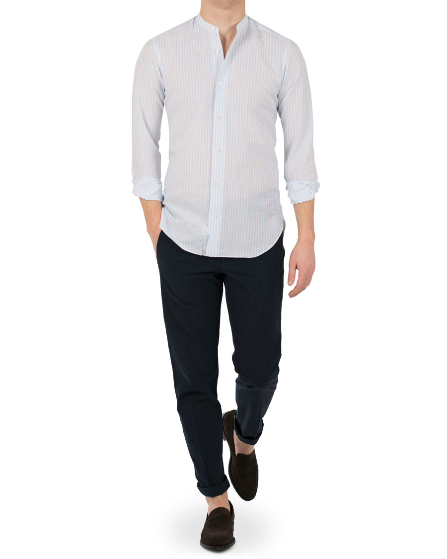 Homme | Chemises | Barba Napoli | Culto Linen Mandarine Collar Stripe Shirt Blue