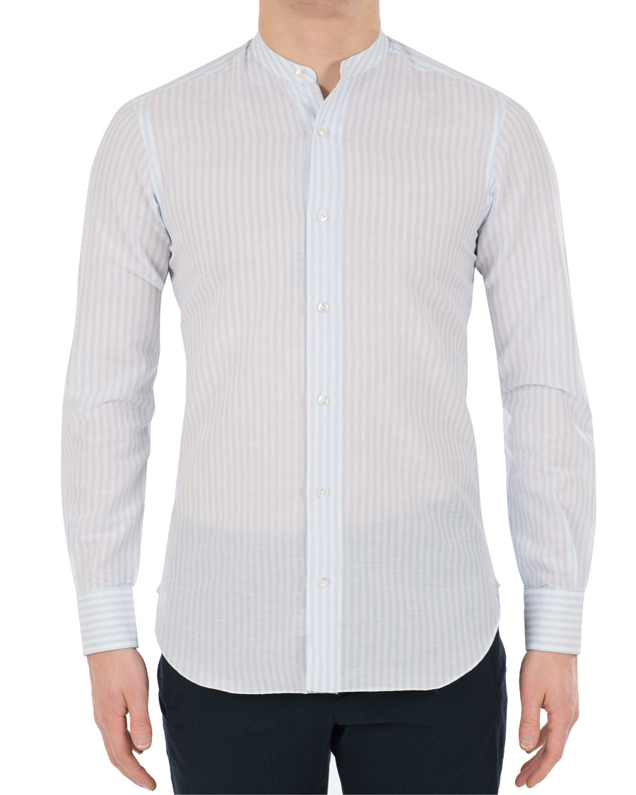Homme | Chemises | Barba Napoli | Culto Linen Mandarine Collar Stripe Shirt Blue