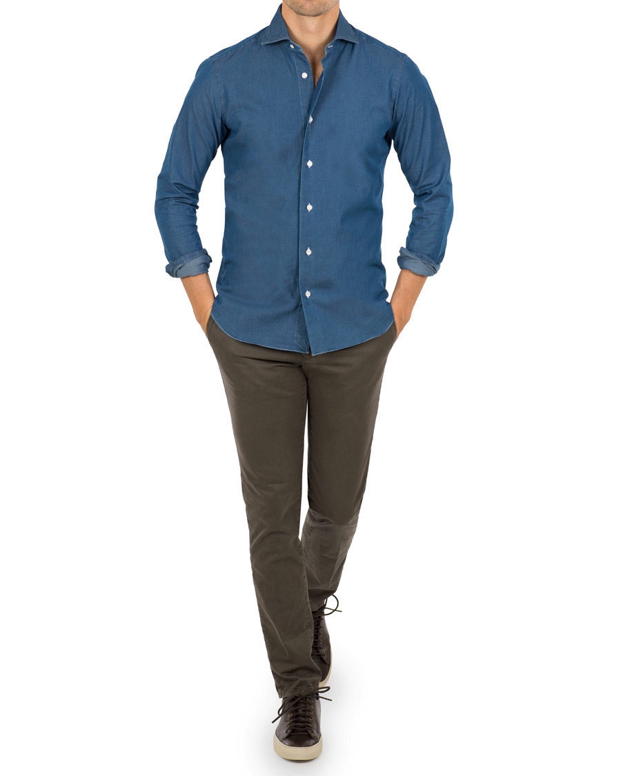 Heren | Overhemden | Barba Napoli | Dandylife Slim Fit Chambray Cut Away Shirt Indigo