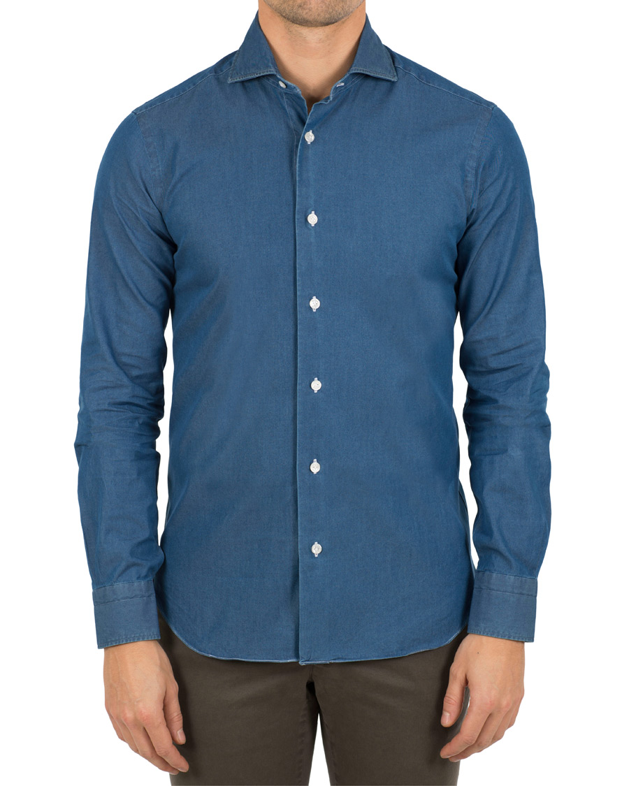 Heren | Overhemden | Barba Napoli | Dandylife Slim Fit Chambray Cut Away Shirt Indigo