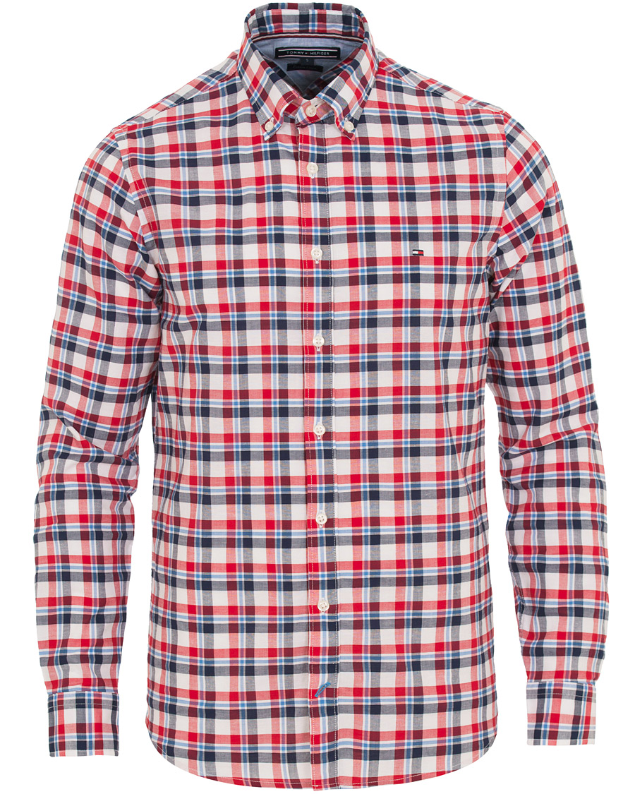 Heren | Overhemden | Tommy Hilfiger | Slim Fit Cotton/Linen Check Shirt Red/Maritime Blue