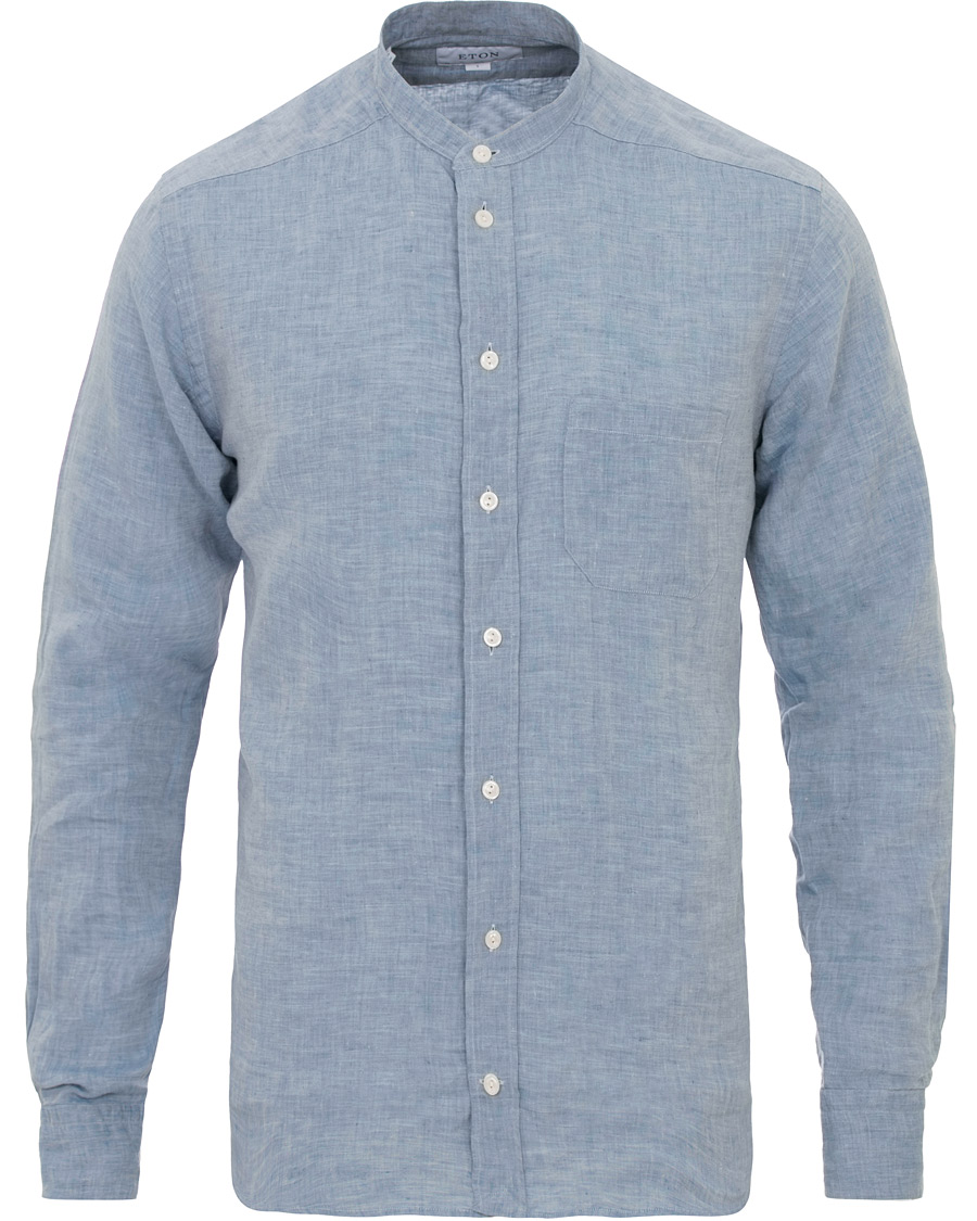 Homme | Chemises | Eton | Slim Fit Linen Grandad Collar Shirt Light Blue