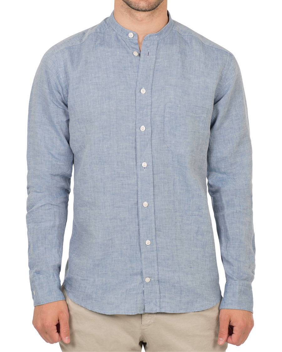 Homme | Chemises | Eton | Slim Fit Linen Grandad Collar Shirt Light Blue