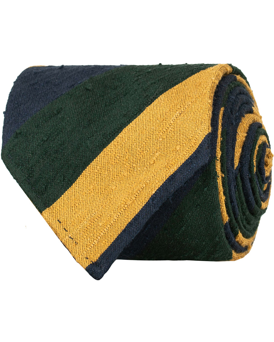 Homme | Drake's Shantung Silk Stripe Handrolled 8 cm Tie Green/Navy/Gold | Drake's | Shantung Silk Stripe Handrolled 8 cm Tie Green/Navy/Gold