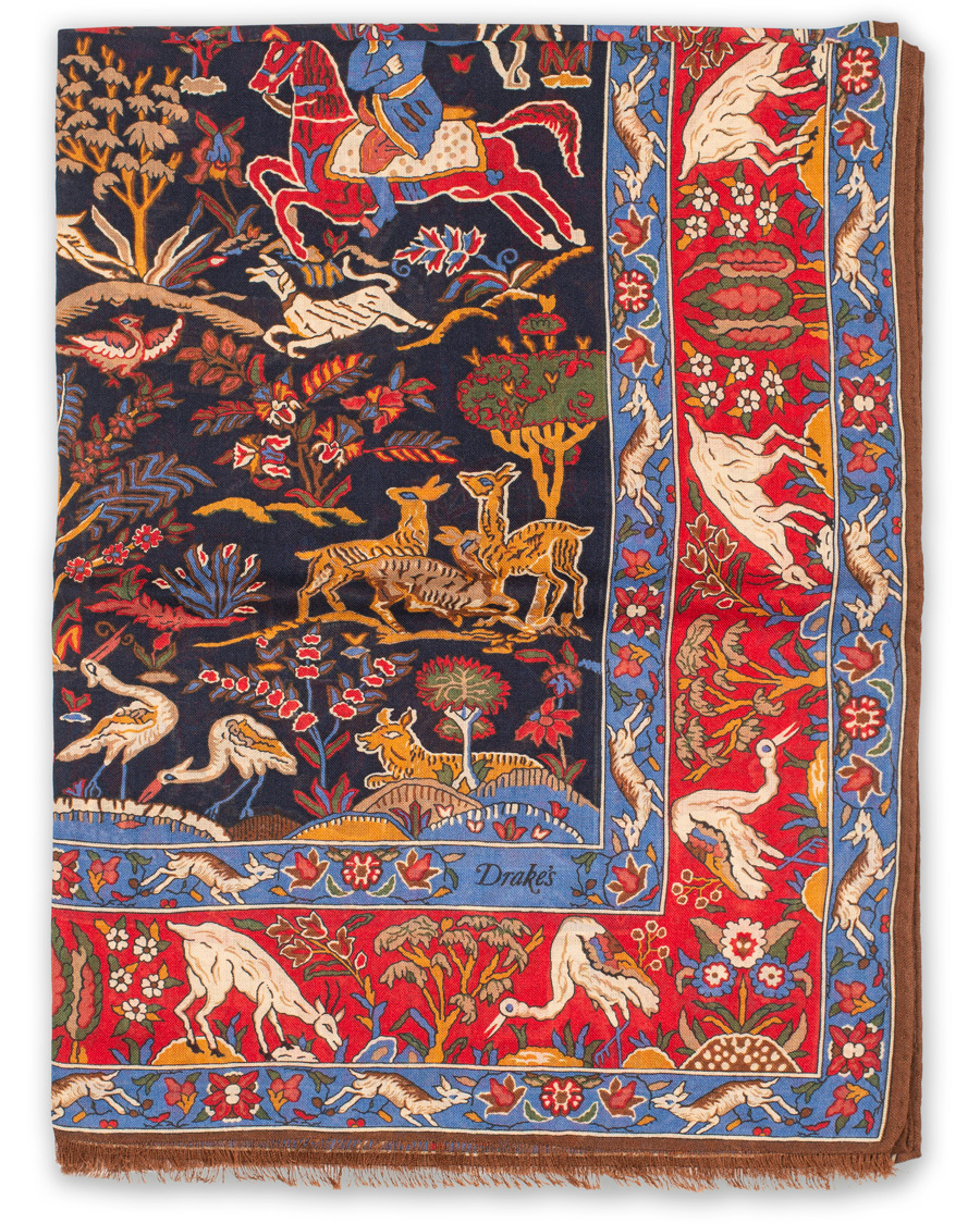 Homme | Drake's Wool/Silk Moghul Printed Scarf Navy | Drake's | Wool/Silk Moghul Printed Scarf Navy