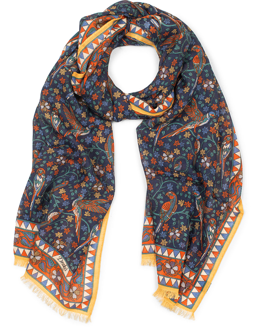 Homme | Drake's Wool/Silk Birds and Flowers Printed Scarf Navy | Drake's | Wool/Silk Birds and Flowers Printed Scarf Navy