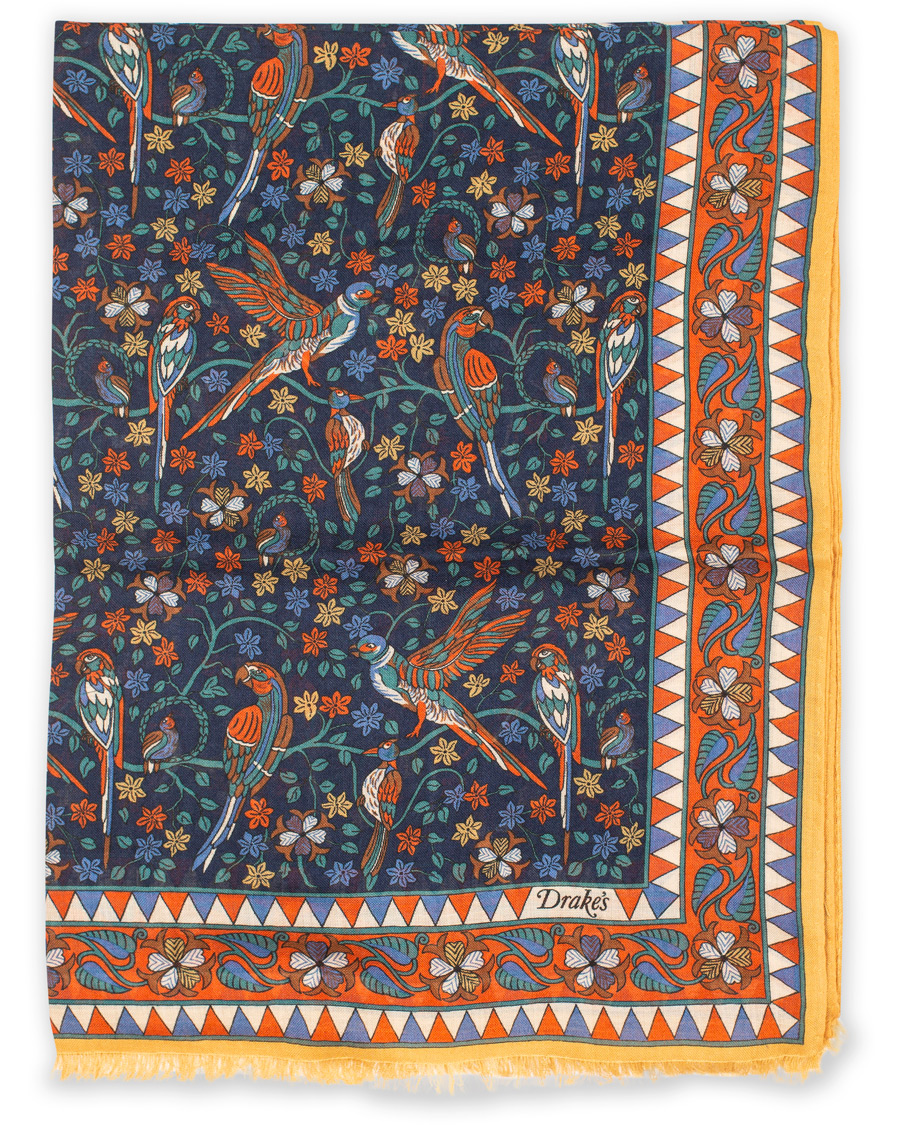 Homme | Drake's Wool/Silk Birds and Flowers Printed Scarf Navy | Drake's | Wool/Silk Birds and Flowers Printed Scarf Navy