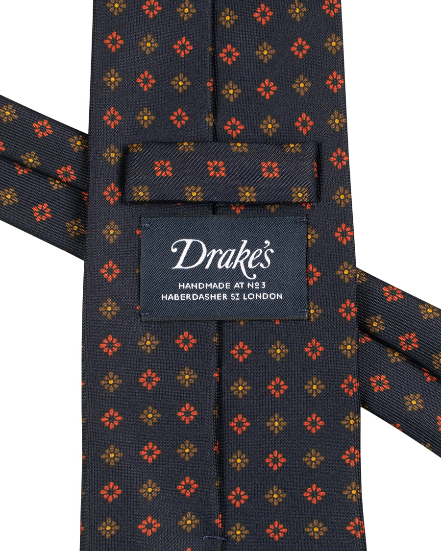 Homme | Drake's Silk Printed Flower 8 cm Tie Navy | Drake's | Silk Printed Flower 8 cm Tie Navy