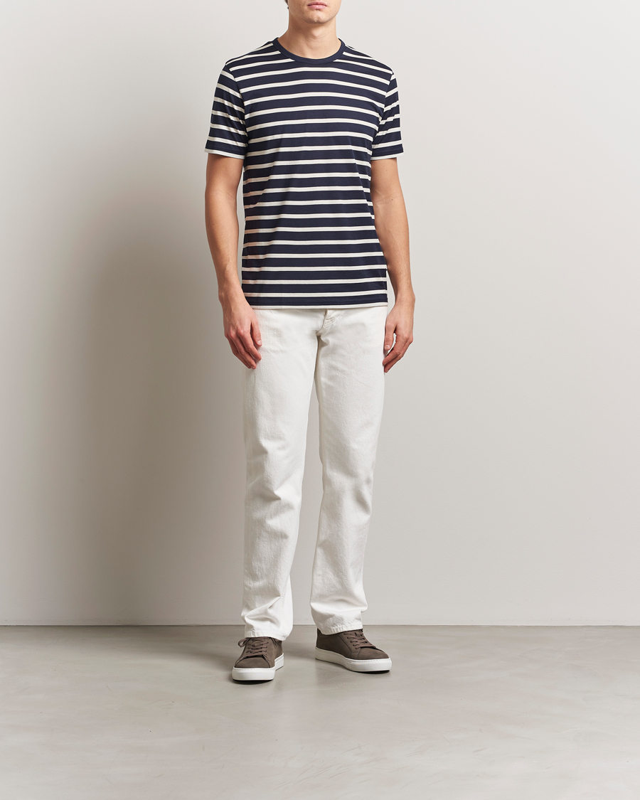 Homme | T-shirts | Sunspel | Striped Crew Neck Q82 Cotton T-Shirt Navy/Ecru