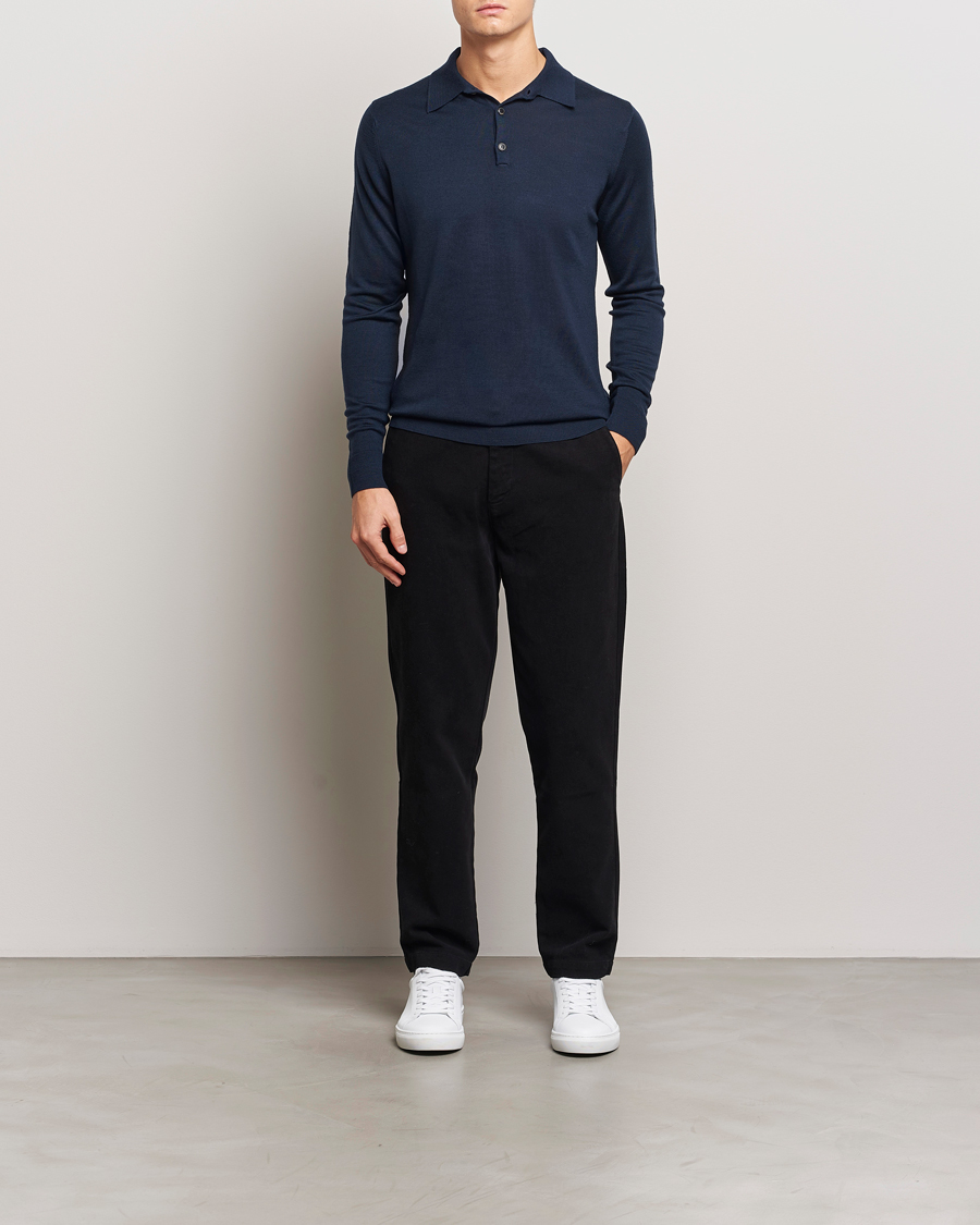 Heren | Truien | Sunspel | Long Sleeve Polo Navy